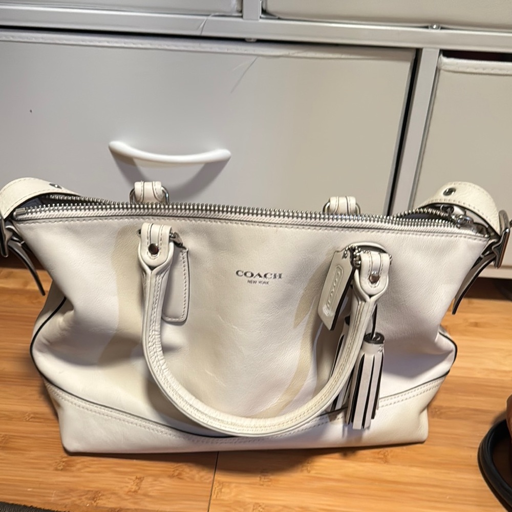 Coach White Satchel with Leather Finish and Metal Accents